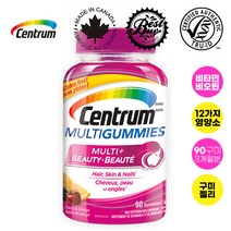 캐나다 내수용 100% 정품 신제품 먹기편한 맛있는 구미(젤리) 센트룸(Centrum) 성인 남녀를 위한 종합 멀티비타민 멀티플러스 뷰티 헤어 모발 피부 스킨 네일 90구미, 90 구미(젤리) - 1병
