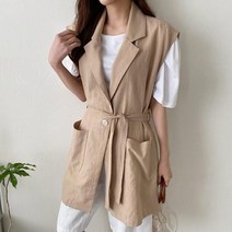 린넨 레이어드 카라 벨트 마 롱조끼 빅사이즈 여자 롱베스트