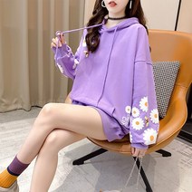 레이디 매직(lady magic) 플라워 오버핏 캐주얼 후드 티셔츠