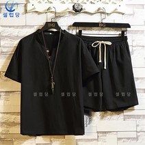 셀럽당 면 마 반팔 반바지 세트 남 오버사이즈 브이넥 티셔츠 여름 캐주얼 트레이닝 투피스