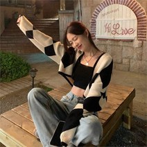 셀러허브(잡화) 여자 봄 체크무늬 크롭 미니 짧은 니트 가디건