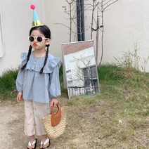 여누키즈 키즈 아동복 여아용 자수 프릴 긴팔 블루 순면 블라우스 90~130 등원 등교 룩 복 데일리 캐쥬얼 학생 어린이 유치원 평상복 외출복 촬영복 자매룩 주니어 무지 컬러