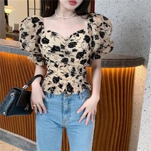 PIka여름 여성 셔츠 블라우스 반팔 티셔츠 플라워 프린트