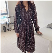맨드리 브이넥 플라워 쉬폰 허리끈 롱 원피스