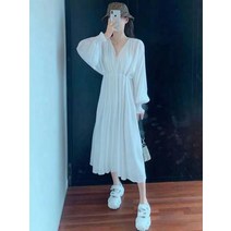 흰원피스 태국 여행함 헤엄치다 하이웨이스트 날씬해 보이는 롱 푸켓 섬 해변 바캉스 레쉬 긴 소매 여성 2084637926, 화이트, L