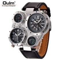Oulm 남성 시계 장식 온도계 나침반 독특한 디자이너 럭셔리 브랜드 남자 스포츠 시계 두 시간대 남자 손목 시계