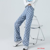 하라주쿠 느슨한 격자 무늬 청바지 여성의 봄과 가을 스키니 스트레이트 넓은 다리 바지