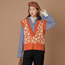촌캉스 룩 조끼 옷 여성용 플라워 패턴 스웨터 스위트 오렌지 코언 v넥 니트 탑 민 점퍼 가을 상품