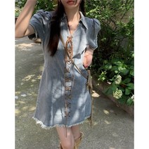 데님 단짝 여동생 클래식 스트랩 허리보정 슬림핏 걸스 벌룬소매 반팔 A라인 짧은 원피스 여성