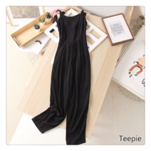 티피/Teepie 블랙 여성 캐주얼 끈 민소매 점프슈트 팬츠