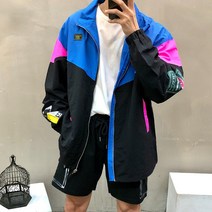 맨스토리 / 루즈핏 소매 패치 형광 배색 스카치 남자 바람막이
