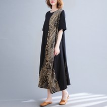 [인성] 리얼 샷 2022 여름 예술적 레트로 스티칭 인쇄 느슨한 대형 여성의 드레스 슬리밍 통통 소녀 긴 드레스