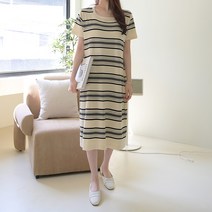 데일리앤 올딘 여성 스트라이프 반팔 여름 니트 롱 원피스