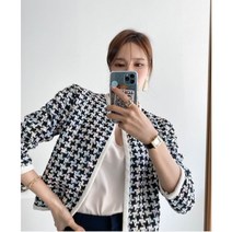 여자 봄 가을 트위드 가디건 노카라 자켓 하객룩 코디