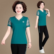 WZC 중년여성 여름 트레이닝복세트 브이넥 반팔티 긴바지 일자 팬츠 세트 빅사이즈 엄마 할머니