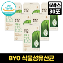 BYO 식물성 유산균 100 식물유래 유산균 100억유산균 프리바이오틱스 장건강 온가족유산균 프로바이오틱스, 6박스, 30포