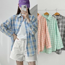 [프롬제니] ﻿제이나 루즈핏 여름 긴팔 체크 남방 면 썸머 블라우스 얇은 민트 지지미 하늘색 오버핏 고방