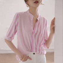 여성블라우스남방 전문점 거물급 줄무늬 누에실 가디건 쉬폰 상의 반팔셔츠 4800639335