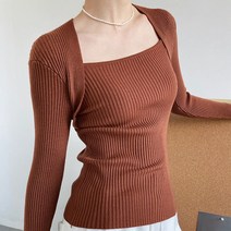 아이엠몽 여성 슬림핏 스퀘어넥 니트 골지 워머 티셔츠 데일리 쉐리