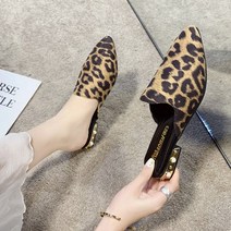 여성 뮬 플랫 호피무늬 블로퍼 포인티드 토 로우힐 레오파드