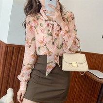 퐁순싸롱 여성 꽃무늬 핑크 로맨틱 쉬폰 봄 블라우스 SH