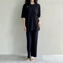 에스미 고급진 주름 플리츠 반팔 라운드넥 밴딩 와이드팬츠 상하의 세트