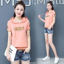 XINLI 여성 반팔 후드티 자수 슬림핏 캐주얼 빅사이즈 라운드넥티셔츠