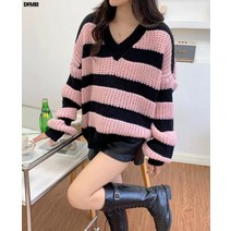DFMEI 가을 겨울 나른한 브이넥 스트라이프 배색 스웨터 여풍 루즈핏 보송보송 니트 풀오버옷