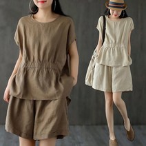 빅사이즈여성의류 루즈핏 티셔츠 린넨 밴딩 반바지 투피스 여름