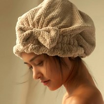 리본 헤어타올 터번스타일 드라이캡 세안밴드 머리수건 극세사 속건소재, 베이지