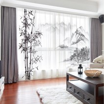 홈커튼 중국 스타일 잉크 워시 페인팅 커튼 드레이프 패널 얇은 명주 그물 홈 인테리어 거실 침실 빈티지 쉬폰 커튼
