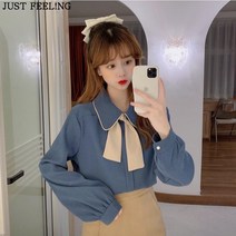 JUST FEEL!NG 셔츠 상의 피터팬 칼라 프렌치 리본 퍼프 소매 하객 빅사이즈 타이리본 넥리본 루즈핏 코디 블라우스
