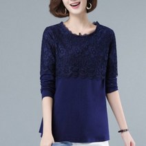 스피알 봄가을 여성 긴팔 레이스 라운드 순면 티셔츠 마담의류