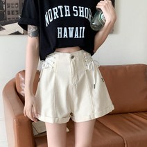 SURBORT 끈을 묶고 허리를 받쳐 독특한 청바지 여성 하이웨이스트 패션 디자인 감각 활다리 짧은 바지 유행