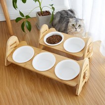 Neirny 강아지 고양이 밥상 각도 높이조절 애견 식기 원목 식탁 그릇 HJSP-Q, 원목식탁 3구 식기포함