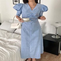 다잇템 여자 V넥 MAXI 벌룬반팔 격자 잔주름 롱원피스