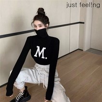 just feel!ng 반폴라 날씬해보이는 크롭 이너티 프린팅 긴팔 여성 티셔츠