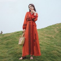 가을 레트로 프린트 폴카 도트 보헤미안 원피스 랩 스커트 v 넥 휴가 바캉스 해변 여행