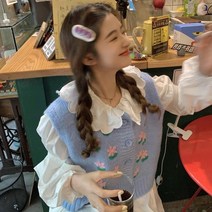 블루 핑크 꽃 무늬 레트로 니트 조끼 모던 시크 힙 캐주얼 크리스마스 데이트 룩 20 30 대 쇼핑몰