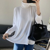 빅걸스토리 여성 빅사이즈 기모 베이직 무지 심플 스판 겨울 폴라티셔츠