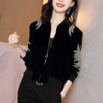 반짝이 스팽글 자켓 가을 레트로 블랙 벨벳 여성 긴 소매 야구 수 놓은 코트 여성 슬림