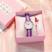 여학생손목시계 여성 팬시 무드 보이핏 볼륨 디자인 심플 숲 스몰 다이얼 2728447952, 블루 레드 화이트 칠선 _앵두 팔찌