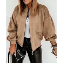 라운드자켓 오피스룩 청자켓 레더 재킷 여성 가을n 패션 Zipper Pocket Design 긴소매 캐주얼 라운드넥 Plain
