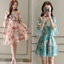 BUZZLE 브이넥 꽃무늬 쉬폰 플레어 미니원피스 2종 S-2XL