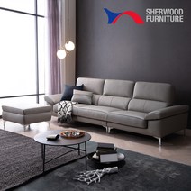 [쉐우드가구]베누스 3.5인용 내추럴 천연통가죽 소파+스툴, 라이트그레이