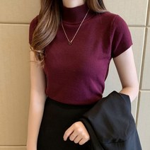 여성용 상의 및 블라우스 여름 반팔 여성 2022 년 터틀넥 니트 셔츠 C931