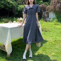 [바니드] 여성 슬림라인 복고풍 디자인 여름반팔 체크격자 빅카라 원피스 0910