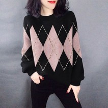 진주 니트 가디건 패션 라운드 넥 빈티지 아가일 니트 스웨터 가을/겨울용 최신 세련된 진주 루즈한 올 매