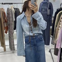 청난방 청남방 여자 청 남방 난방 데님 셔츠 블라우스 Karrram 한국 패션 여성 kpop 디자이너 의류 붕대 진 자켓 턴 다운 칼라 세련된 블루 streetwear