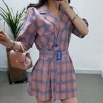 제이후 체크 반팔 카라 벨트 점프수트 원피스
